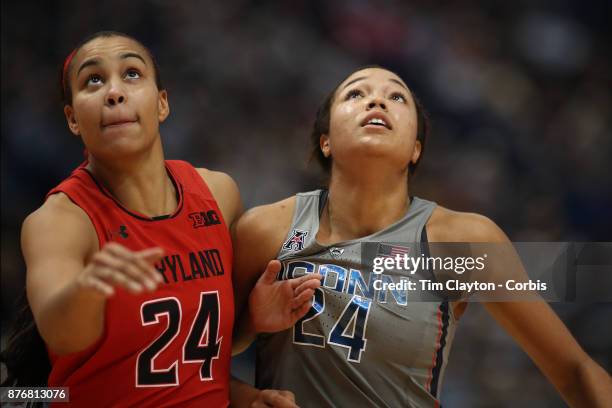 Stephanie Jones of the Maryland Terrapins and Napheesa Collier of the Connecticut Huskies jostle for position at a free throw during the the UConn...