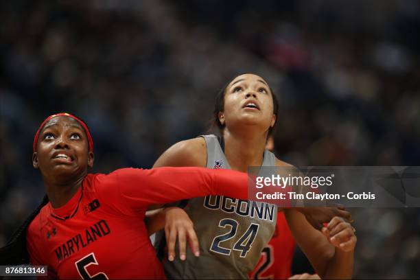 Kaila Charles of the Maryland Terrapins and Napheesa Collier of the Connecticut Huskies jostle for position at a free throw during the the UConn...