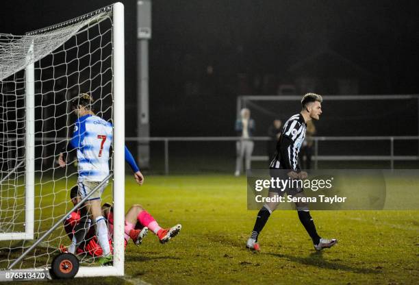 Luke Charman of Newcastle United celebrates after he scores Newcastle's third goal during the Premier League 2 match between Newcastle United and...