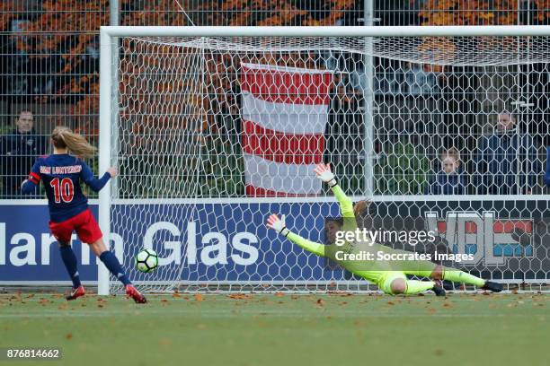 Desiree van Lunteren of Ajax Women scores the third goal to make it 1-2, Angela Christ of PSV Women during the Dutch Eredivisie Women match between...