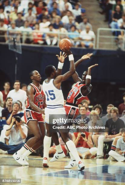 Los Angeles, CA Wayman Tisdale, Dan Roundfield, Michael Jordan, Men's Basketball team playing at 1984 Olympics at the Los Angeles Memorial Coliseum.