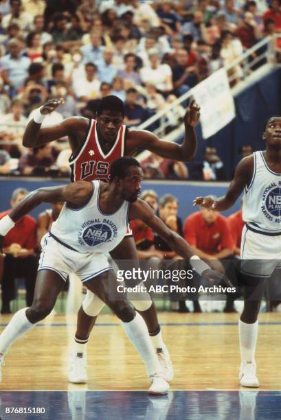 Los Angeles, CA Patrick Ewing, Dan Roundfield, Isiah Thomas, Men's Basketball team playing at 1984 Olympics at the Los Angeles Memorial Coliseum.