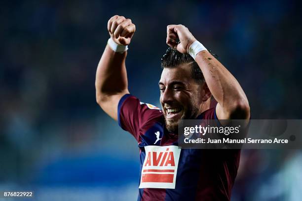 Sergi Enrich of SD Eibar celebrates after scoring his team's fifth goal during the La Liga match between Eibar and Real Betis at Estadio Municipal de...