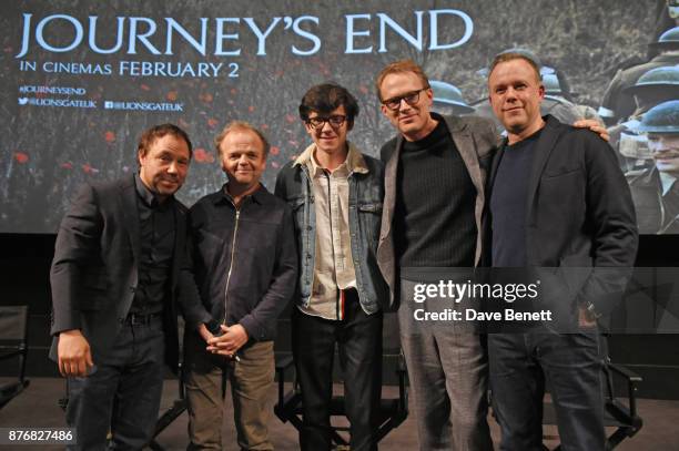 Stephen Graham, Toby Jones, Asa Butterfield, Paul Bettany and director Saul Dibb pose on stage during a Q&A following the special screening of...