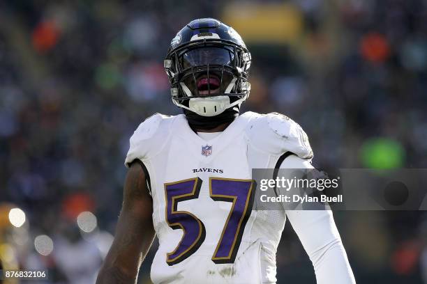 Mosley of the Baltimore Ravens reacts in the second quarter against the Green Bay Packers at Lambeau Field on November 19, 2017 in Milwaukee,...