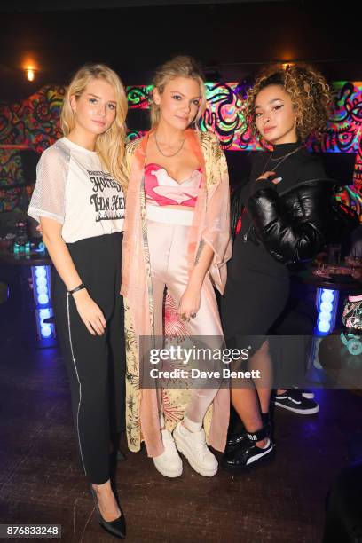 Lottie Moss, Becca Dudley and Ella Eyre attend the launch of the Skinnydip x MTV collection at Ballie Ballerson on November 20, 2017 in London,...