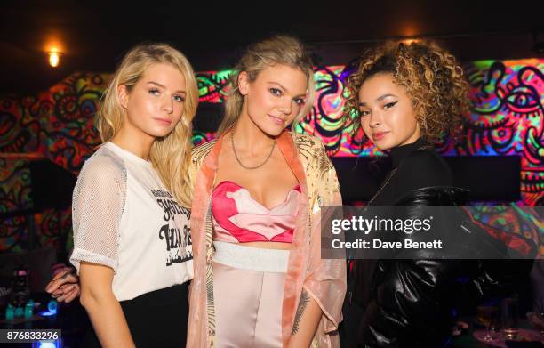 Lottie Moss, Becca Dudley and Ella Eyre attend the launch of the Skinnydip x MTV collection at Ballie Ballerson on November 20, 2017 in London,...