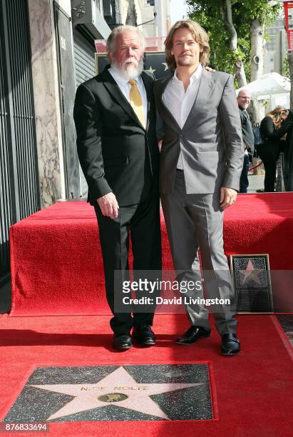 Actor Nick Nolte and son Brawley Nolte attend Nick Nolte being honored with a Star on the Hollywood Walk of Fame on November 20, 2017 in Hollywood,...