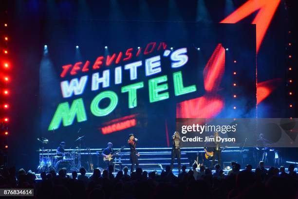 Siobhan Fahey, Sara Dallin and Keren Woodward of Bananarama perform at Hammersmith Apollo on November 20, 2017 in London, England.