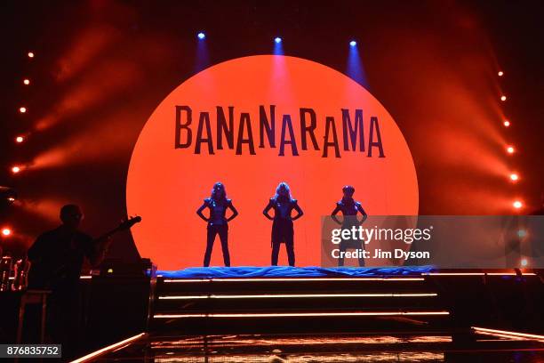 Keren Woodward, Sara Dallin and Siobhan Fahey of Bananarama perform at Hammrsmith Apollo on November 20, 2017 in London, England.