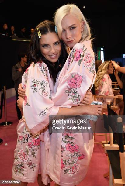 Adriana Lima and Karlie Kloss backstage during 2017 Victoria's Secret Fashion Show In Shanghai at Mercedes-Benz Arena on November 20, 2017 in...