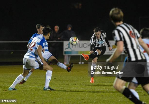 Callum Roberts of Newcastle United strikes the ball during the Premier League 2 match between Newcastle United and Reading at Whitley Park on...