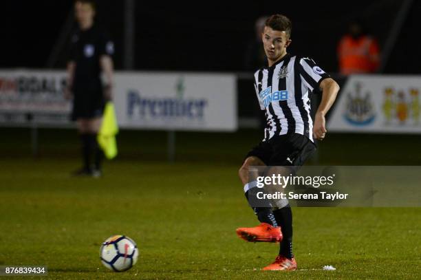 Daniel Barlaser of Newcastle United passes the ball during the Premier League 2 match between Newcastle United and Reading at Whitley Park on...