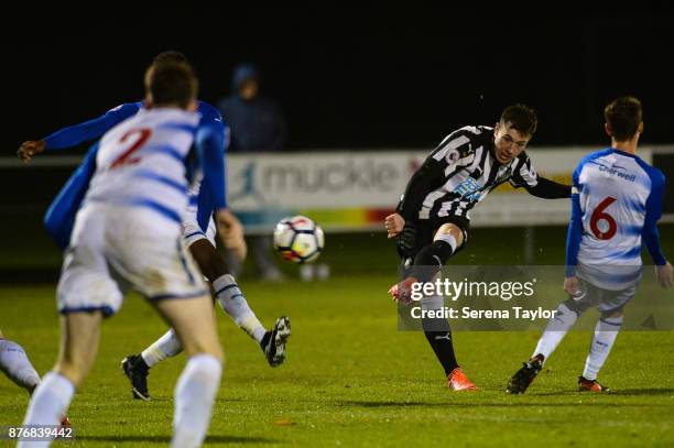 Callum Roberts of Newcastle United strikes the ball during the Premier League 2 match between Newcastle United and Reading at Whitley Park on...