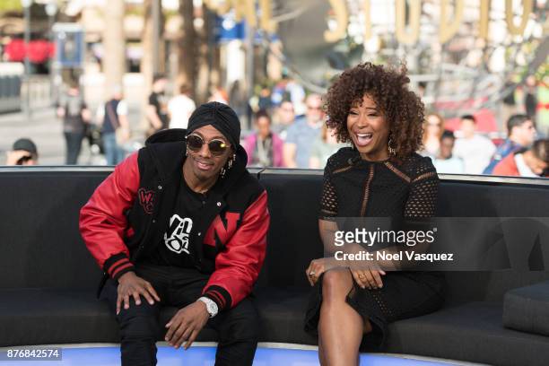 Nick Cannon and Tanika Ray visit "Extra" at Universal Studios Hollywood on November 20, 2017 in Universal City, California.