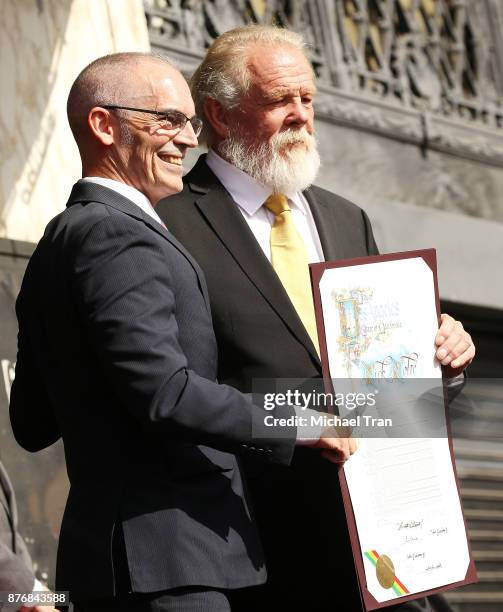 Mitch O'Farrell and Nick Nolte attend the ceremony honoring Nick Nolte with a Star on The Hollywood Walk of Fame held on November 20, 2017 in...
