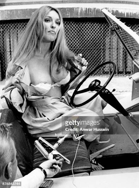 Pregnant actress Sharon Tate, wife of film director Roman Polanski, photographed on the set of her last film '12 + 1' in June 1969 in London, England...