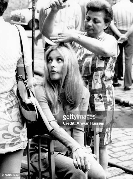 Pregnant actress Sharon Tate, wife of film director Roman Polanski, photographed on the set of her last film '12 + 1' in June 1969 in London, England...