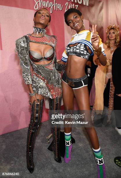 Herieth Paul and Amilna Estevao backstage during 2017 Victoria's Secret Fashion Show In Shanghai at Mercedes-Benz Arena on November 20, 2017 in...