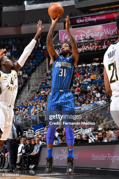 Terrence Ross of the Orlando Magic shoots the ball against the Indiana Pacers on November 20, 2017 at Amway Center in Orlando, Florida. NOTE TO USER:...