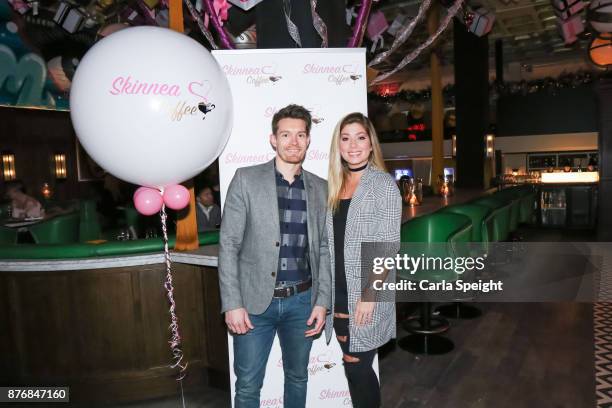 Nikki Sanderson posing with the owner of Skinnea Coffee at the launch of Skinnea Coffee at Neighbourhood Spinningfields on November 20, 2017 in...