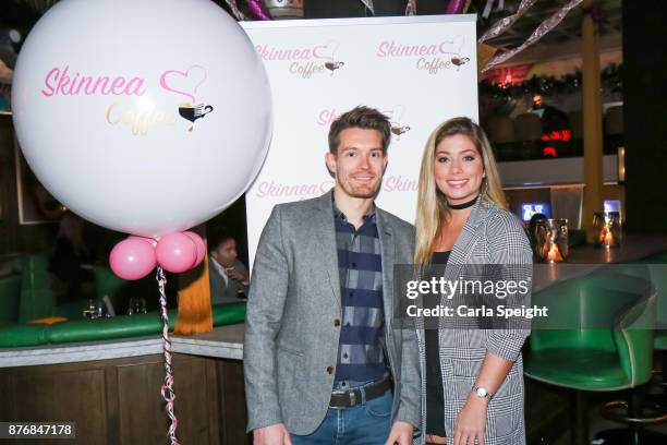 Nikki Sanderson posing with the owner of Skinnea Coffee at the launch of Skinnea Coffee at Neighbourhood Spinningfields on November 20, 2017 in...