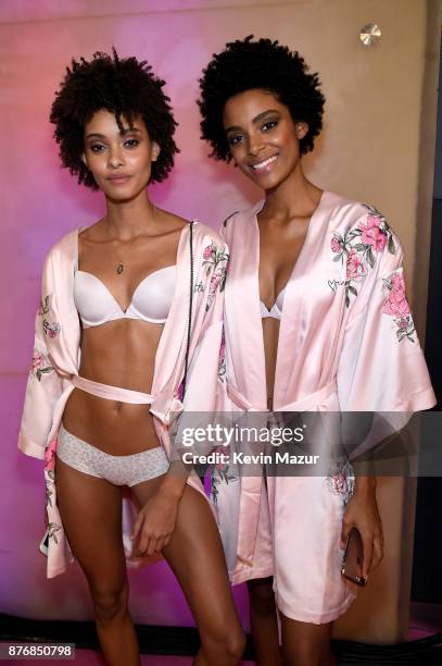 Samile Bermannelli and Alecia Morais backstage during 2017 Victoria's Secret Fashion Show In Shanghai at Mercedes-Benz Arena on November 20, 2017 in...