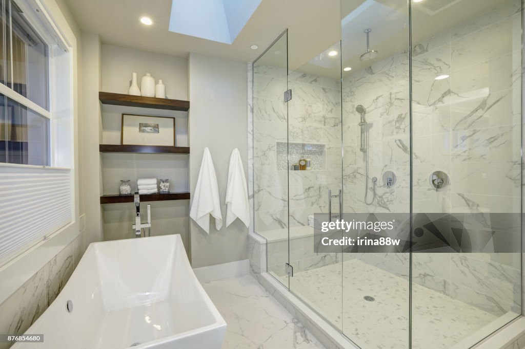 Amazing master bathroom with large glass walk-in shower