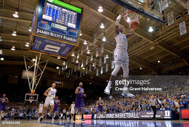 Javin DeLaurier of the Duke Blue Devils dunks against the Furman Paladins during their game at Cameron Indoor Stadium on November 20, 2017 in Durham,...