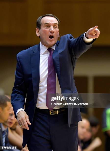 Head coach Mike Krzyzewski of the Duke Blue Devils directs his team during their game against the Furman Paladins at Cameron Indoor Stadium on...