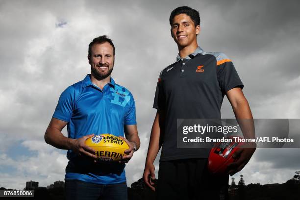 Jude Bolton and Nick Shipley pose during an AFL media opportunity ahead of the 2017 AFL Draft and AFL 9s at Queens Park on November 21, 2017 in...