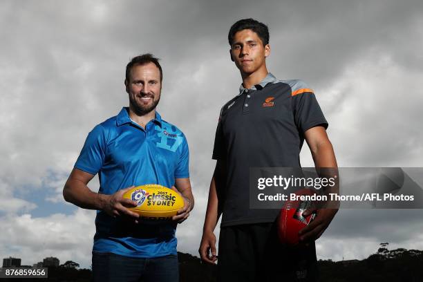 Jude Bolton and Nick Shipley pose during an AFL media opportunity ahead of the 2017 AFL Draft and AFL 9s at Queens Park on November 21, 2017 in...