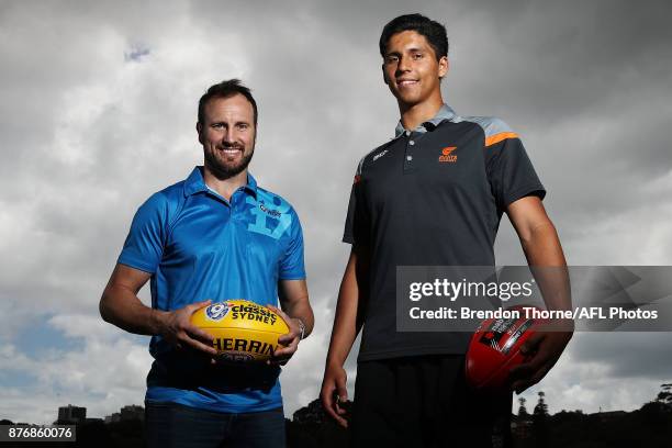 Jude Bolton and Nick Shipley pose during an AFL media opportunity ahead of the 2017 AFL Draft and AFL 9s at Queens Park on November 21, 2017 in...