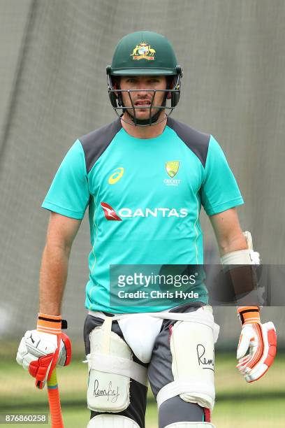 Chadd Sayers looks on during the Australian nets session at The Gabba on November 21, 2017 in Brisbane, Australia.