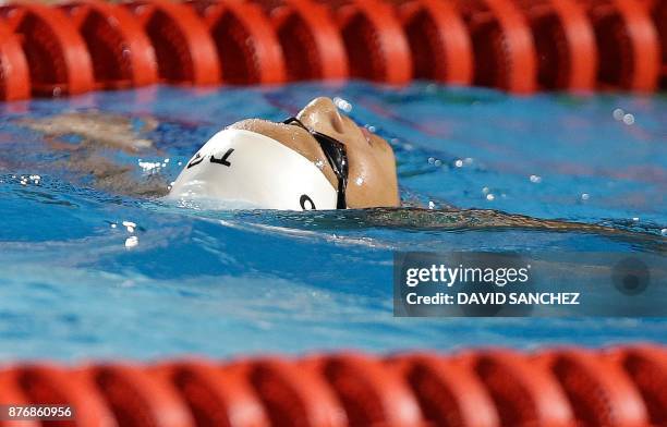 Andreina Pinto of Venezuela reacts after winning the gold medal in the women's 400m freestyle swimming final event during the XVIII Bolivarian Games...