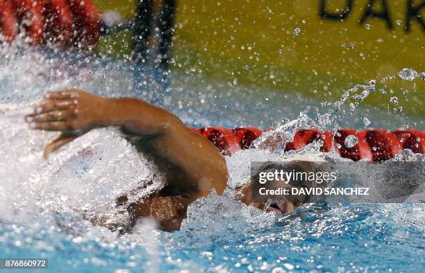 Andreina Pinto of Venezuela competes in the women's 400m freestyle swimming final event during the XVIII Bolivarian Games in Santa Marta, Colombia,...