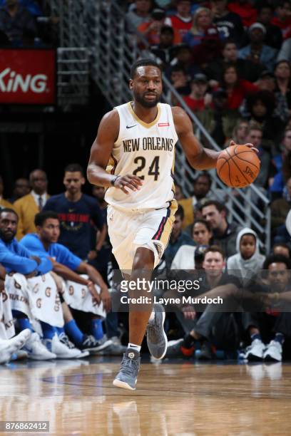 Tony Allen of the New Orleans Pelicans handles the ball against the Oklahoma City Thunder on November 20, 2017 at the Smoothie King Center in New...