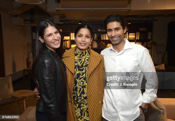 Producer Shaana Levy, actress Freida Pinto and director Uraaz Bahl attend the "Ladies First" Screening & Reception at Neuehouse on November 20, 2017...