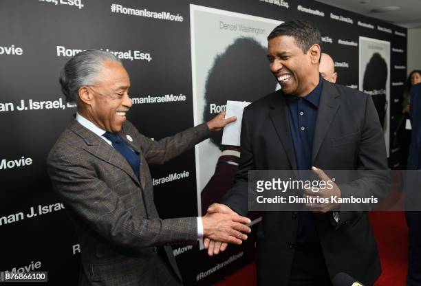 Al Sharpton and Denzel Washington attend the screening of Roman J. Israel, Esq. At Henry R. Luce Auditorium at Brookfield Place on November 20, 2017...