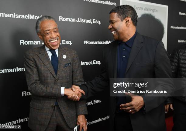 Al Sharpton and Denzel Washington attend the screening of Roman J. Israel, Esq. At Henry R. Luce Auditorium at Brookfield Place on November 20, 2017...