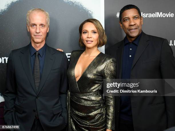 Dan Gilroy, Carmen Ejogo and Denzel Washington attend the screening of Roman J. Israel, Esq. At Henry R. Luce Auditorium at Brookfield Place on...