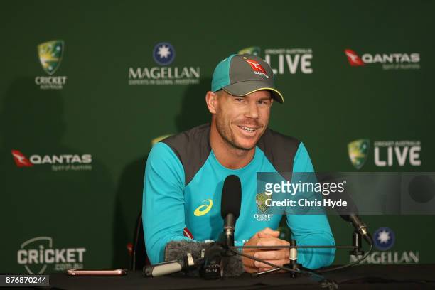 David Warner speaks to media during the Australian team press conference at The Gabba on November 21, 2017 in Brisbane, Australia.