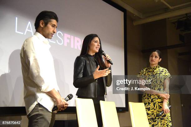 Director Uraaz Bahl, producer Shaana Levy and actress Freida Pinto attend the "Ladies First" Screening & Reception at Neuehouse on November 20, 2017...