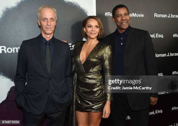 Dan Gilroy, Carmen Ejogo and Denzel Washington attend the screening of Roman J. Israel, Esq. At Henry R. Luce Auditorium at Brookfield Place on...