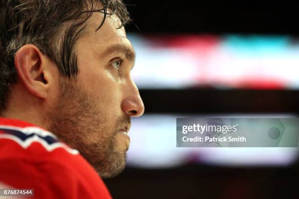 Alex Ovechkin of the Washington Capitals looks on against the Calgary Flames during the third period at Capital One Arena on November 20, 2017 in...