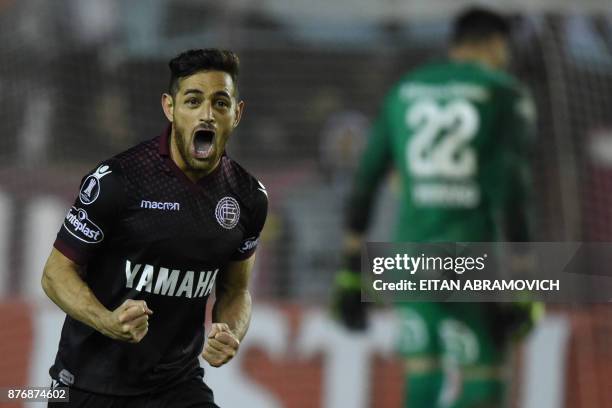 Argentina's Lanus forward Lautaro Acosta celebrates after scoring a penalty kick against Argentina's San Lorenzo during their Copa Libertadores 2017...