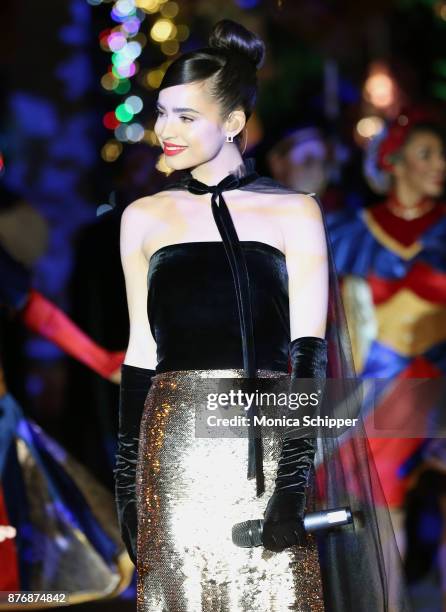 Actress and singer Sofia Carson performs during the 2017 Saks Fifth Avenue Holiday Window Unveiling And Light Show at Saks Fifth Avenue on November...