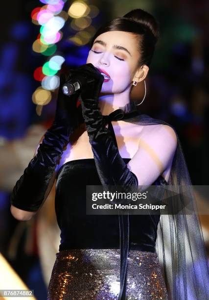 Actress and singer Sofia Carson performs during the 2017 Saks Fifth Avenue Holiday Window Unveiling And Light Show at Saks Fifth Avenue on November...