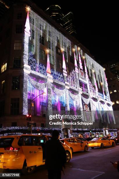 View of the exterior of Saks Fifth Avenue following the 2017 Saks Fifth Avenue Holiday Window Unveiling And Light Show at Saks Fifth Avenue on...