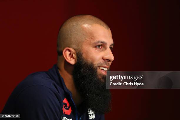 Moeen Ali speaks to media during an England team press conference at The Gabba on November 21, 2017 in Brisbane, Australia.
